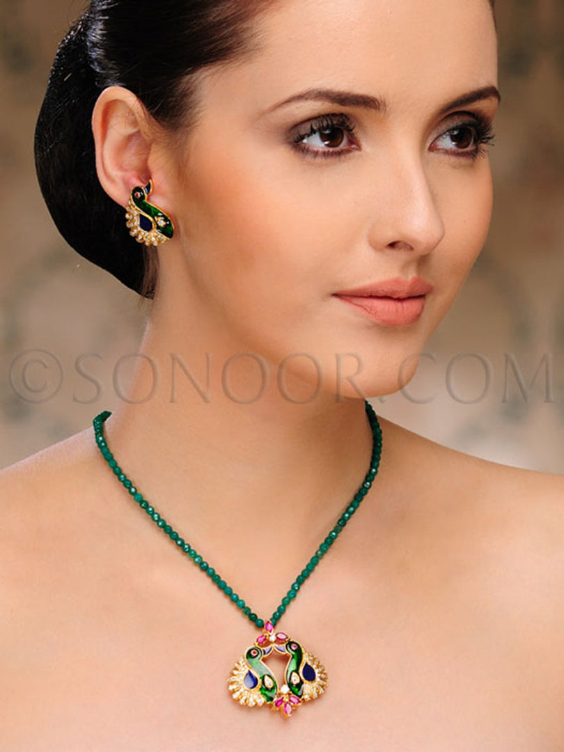 Purva Meenakari Red Green Jade Pendant Set