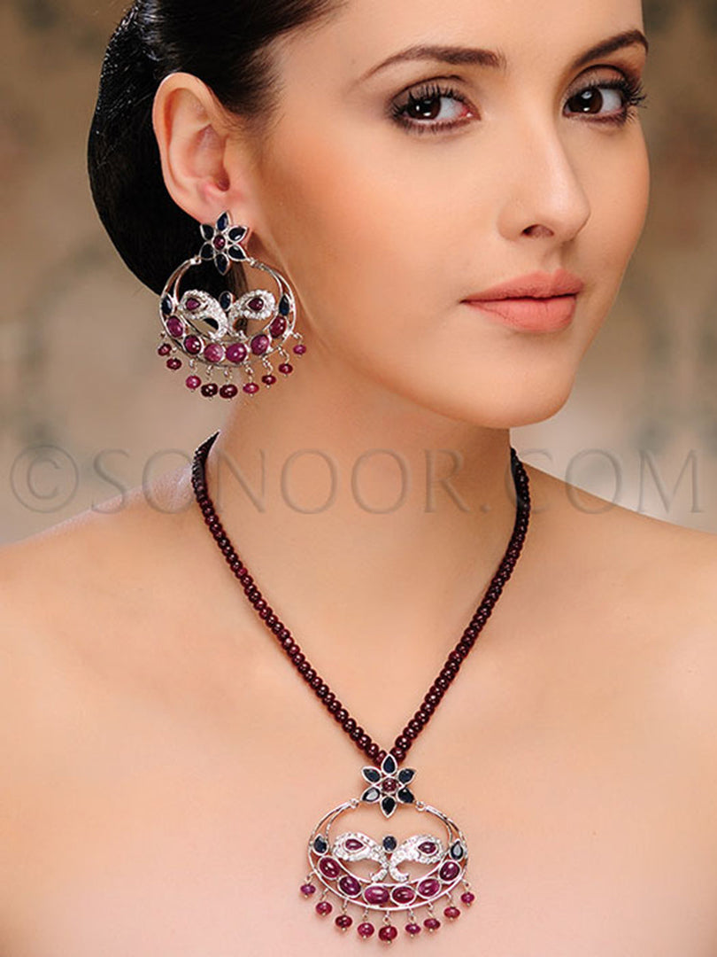 Jeenal Rhodium Finish Ruby Pendant Set