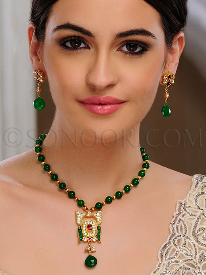 Misha Kundan Green Jade Pendant Set