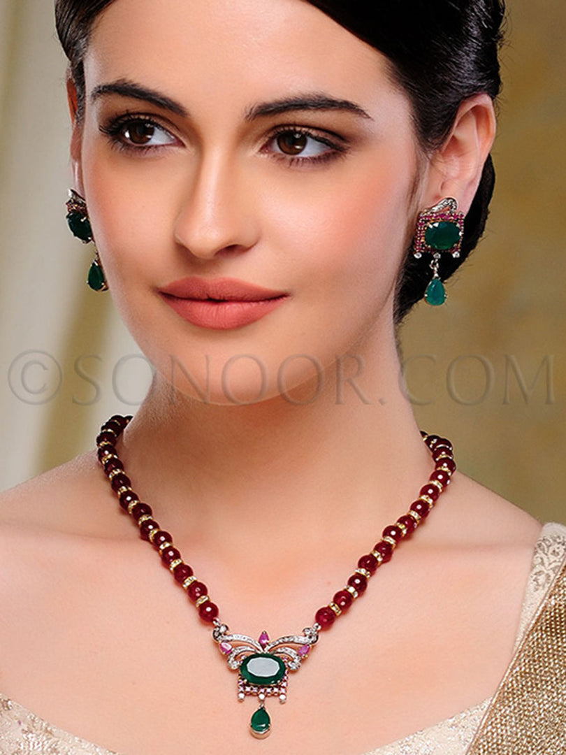Naeema Victorian Ruby Green Jade Pendant Set