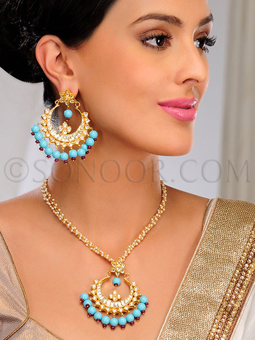 Amber Kundan Turquoise Beads Pendant Set