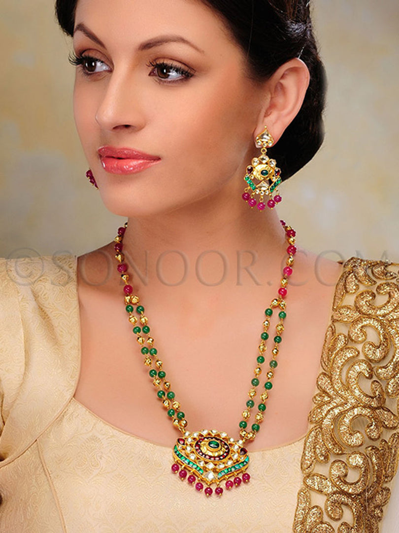 Rohi Kundan Jade Stone Long Pendant Set