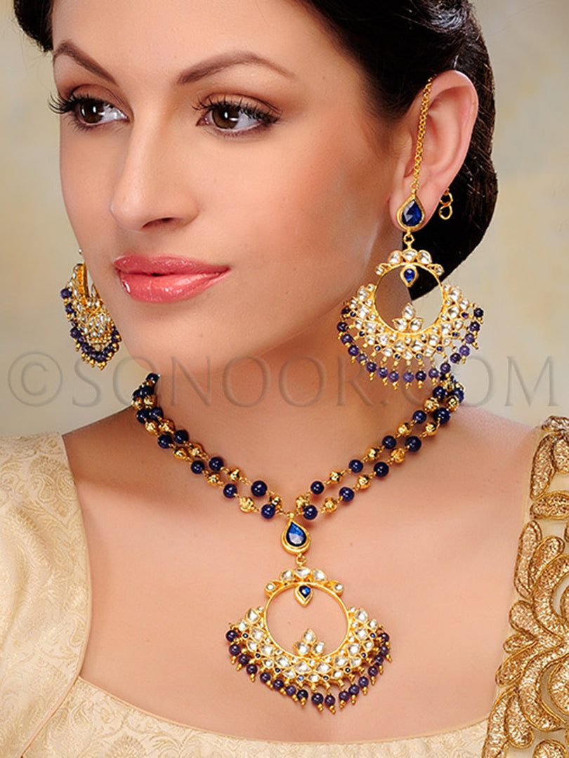 Rahel Kundan Blue Stone Pendant Set