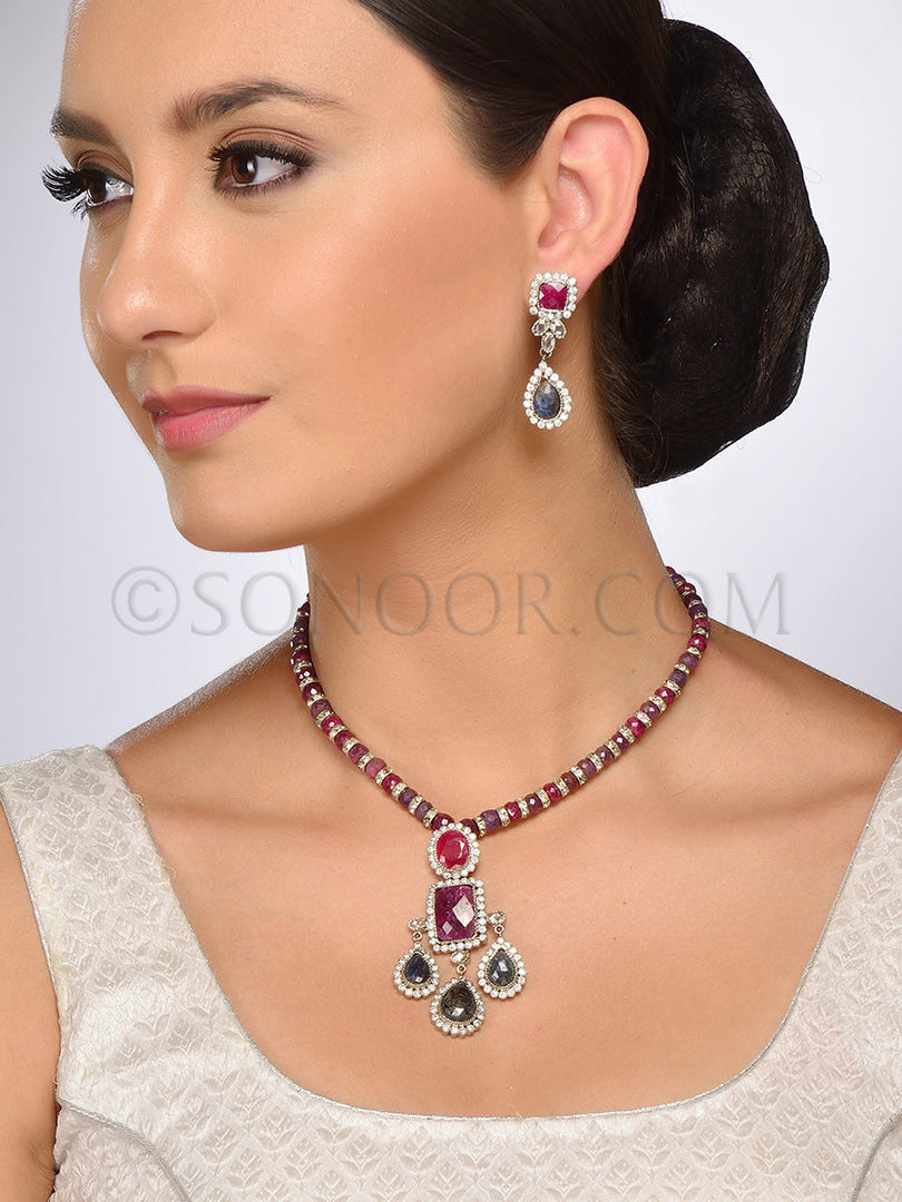 Lekha Zircon Ruby Beads Pendant Set